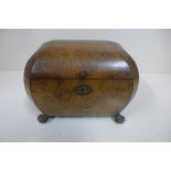 A burr walnut two section tea caddy on brass hairy claw feet - 16cm tall x 22cm x 14cm - some damage