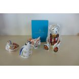 Four Royal Crown Derby collectors guild paperweights, Snowflake 2014 boxed, Teddy Bear 1997, Spice