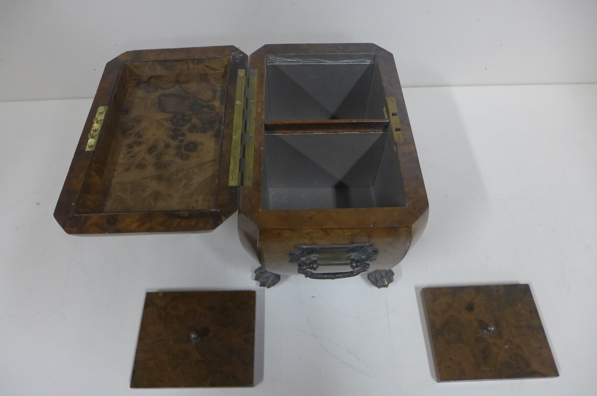 A burr walnut two section tea caddy on brass hairy claw feet - 16cm tall x 22cm x 14cm - some damage - Image 5 of 5