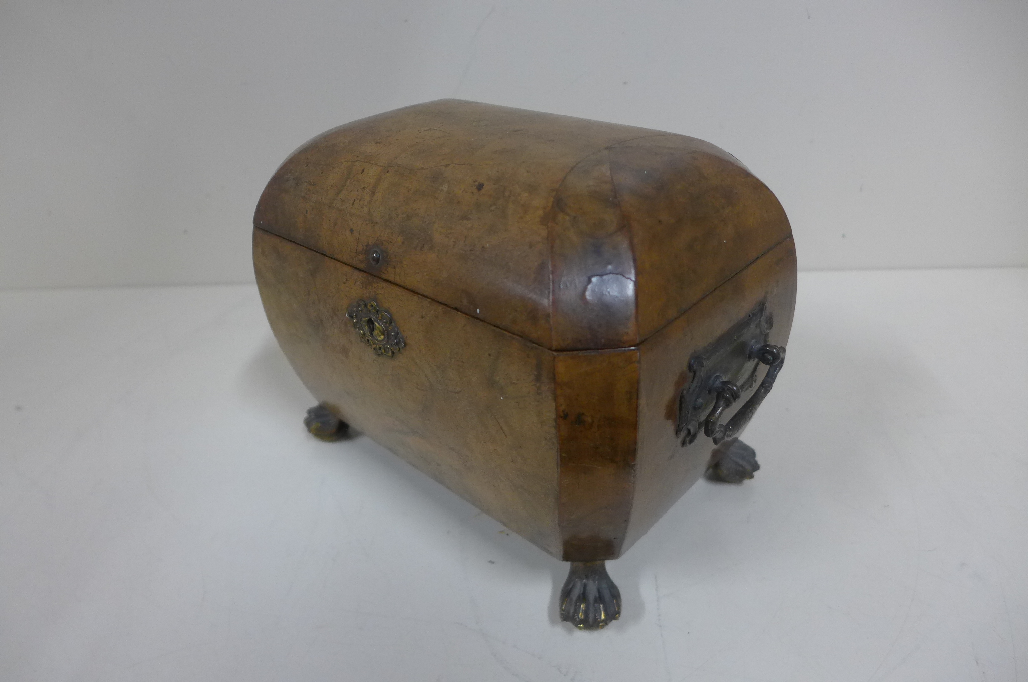 A burr walnut two section tea caddy on brass hairy claw feet - 16cm tall x 22cm x 14cm - some damage - Image 2 of 5