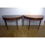 A pair of 19th century mahogany D end tables on turned legs, with later drawers - 72cm tall x