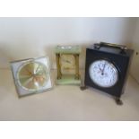 Three mantle clocks including a portico style clock, all running, tallest 16cm