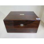 A rosewood inlaid with mother of pearl sewing box , fitted tray and spring loaded locking draw,
