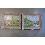 A pair of impressive oil on board landscapes by Robert Sydney Rendle Wood, b 1895 - in ornate frames