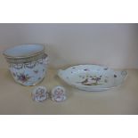 A Dresden floral decorated ice pail - 17.5cm tall, a pair of Dresden inkwells and a Meissen dish