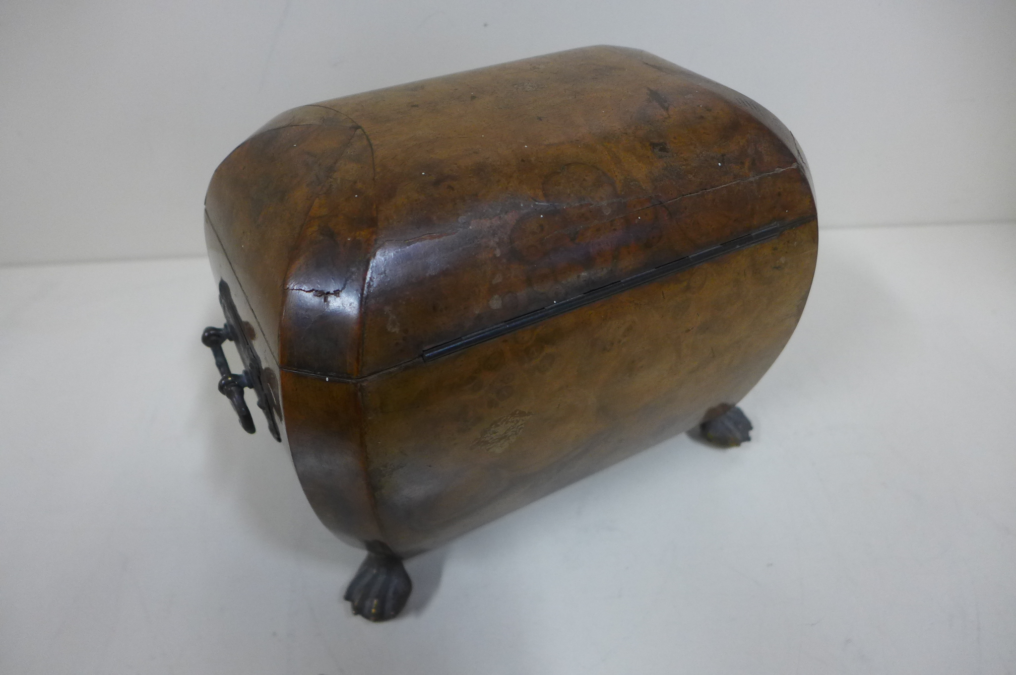 A burr walnut two section tea caddy on brass hairy claw feet - 16cm tall x 22cm x 14cm - some damage - Image 3 of 5