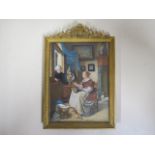 A finely painted Dutch school interior scene in a gilt frame, inscribed verso - picture size 14x10cm