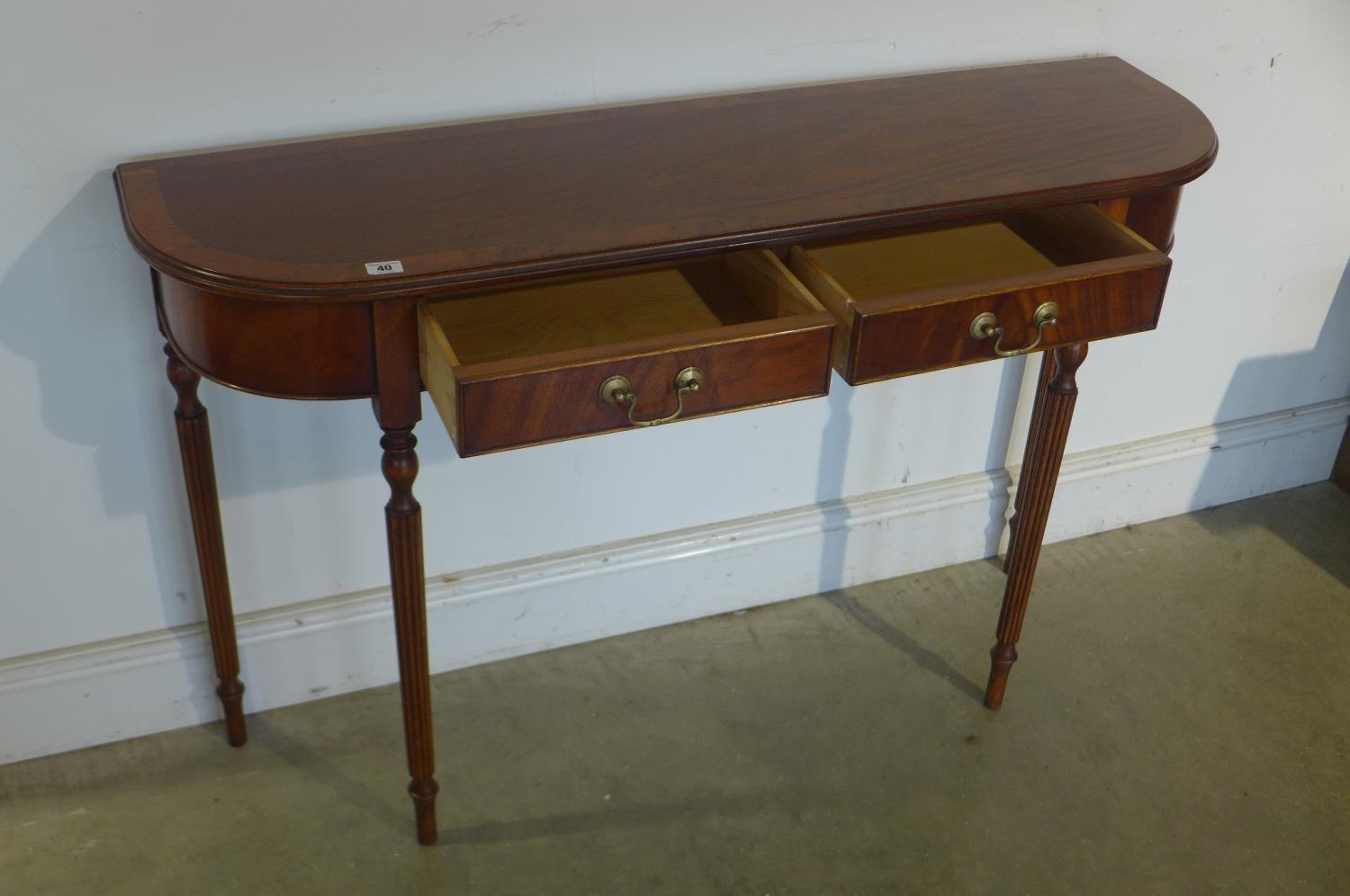 A mahogany two drawer D-end side table cross banded in yew wood, standing on tapered turned and - Image 2 of 4