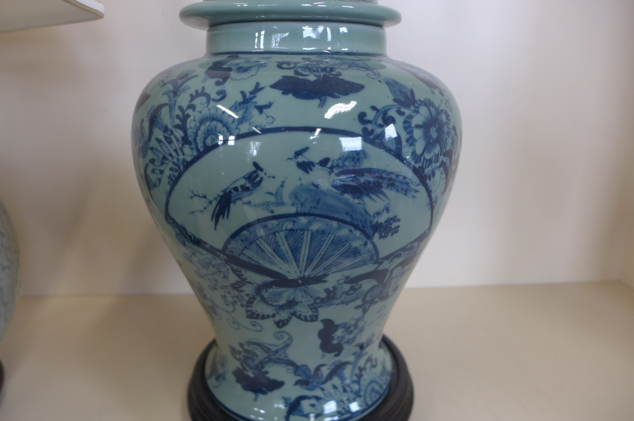 A Celadon crackle glaze, table lamp with shade, 60cm tall and a chinoiserie lamp with no shade, 46cm - Image 3 of 3