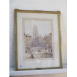 A watercolour St Ouen Rouen by CF Tompkins with labels verso, Bowden Dealers Label - generally good,