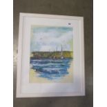 Amanda Holland acrylic boats in a harbour, 74cm x 60cm frae size, Amanda is a local artist