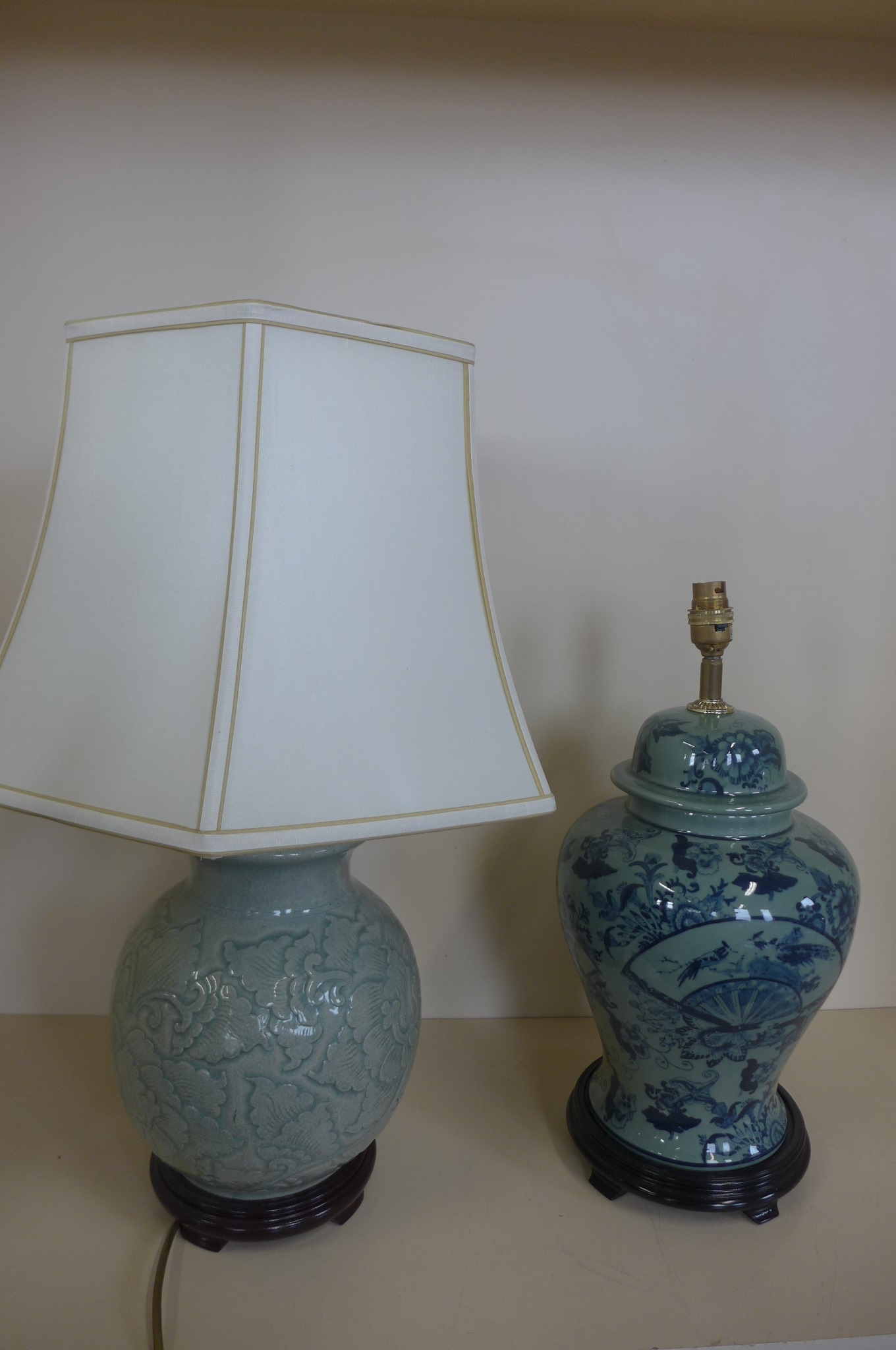 A Celadon crackle glaze, table lamp with shade, 60cm tall and a chinoiserie lamp with no shade, 46cm