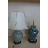 A Celadon crackle glaze, table lamp with shade, 60cm tall and a chinoiserie lamp with no shade, 46cm