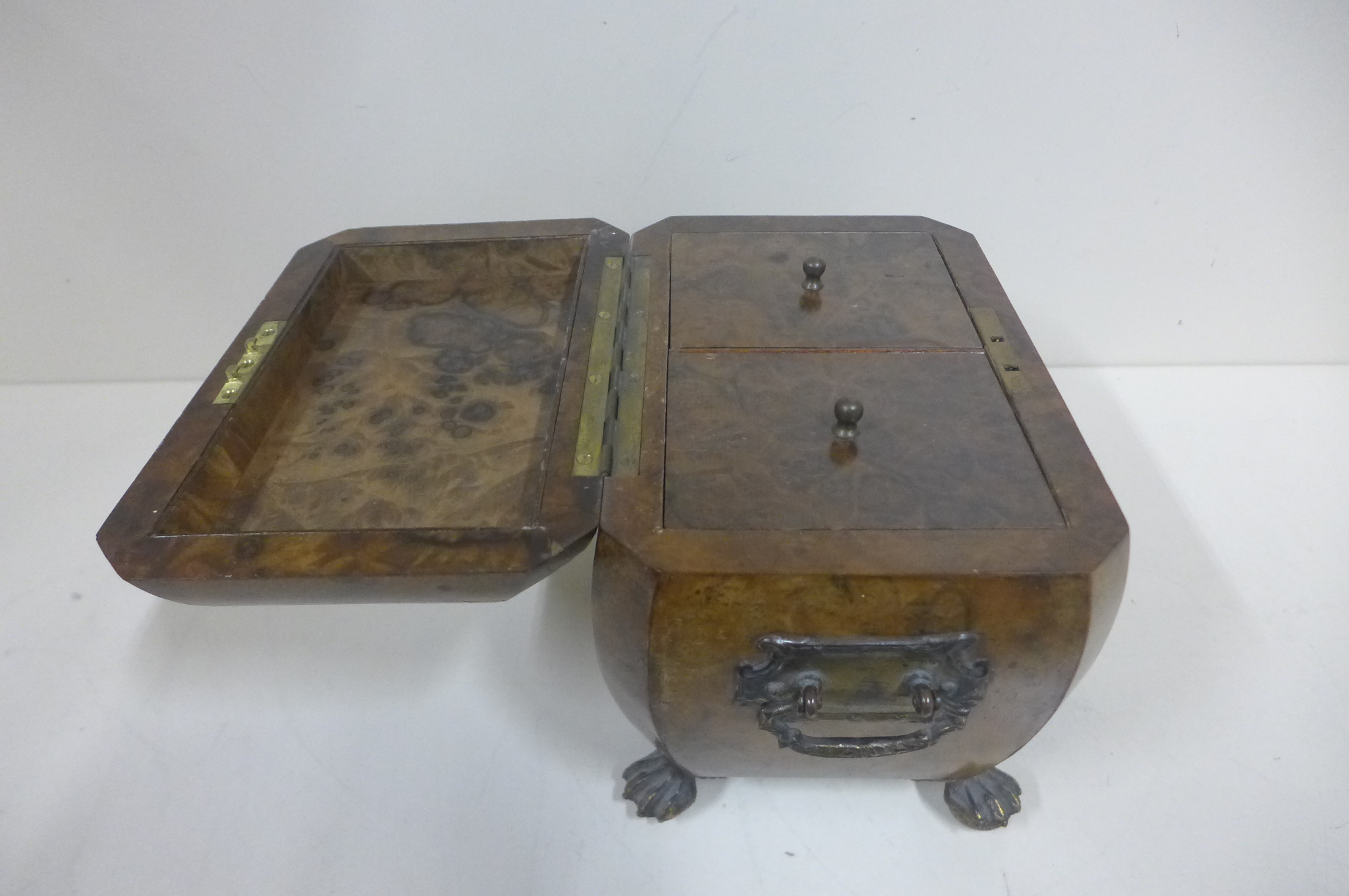 A burr walnut two section tea caddy on brass hairy claw feet - 16cm tall x 22cm x 14cm - some damage - Image 4 of 5