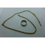 A 9ct white gold band ring and a gold necklace, tests to approx 9ct, clasp broken, total weight,