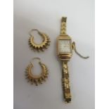 A pair of 9ct gold earrings, approx 2 grams, and a 9ct ladies watch, not working, on a plated strap,