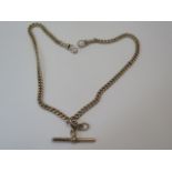 A hallmarked 9ct gold watch chain, 42cm long, approx 28.3 grams, generally good, clasp ends have