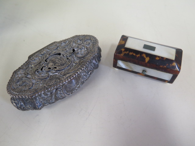 A small silver trinket box in worn condition, approx 2 troy oz and a small 19th century