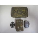 WWI Christmas tin, WWI trench art box and buttons, and a lighter and bracelet