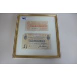 Two framed bank notes, John Bradbury one pound shilling note no A14198153 - John Bradbury one