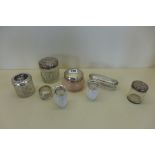 Six silver topped glass dressing table jars/pots and two agate silver rimmed vases, one vase damaged