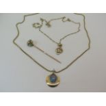 A gold pearl and turquoise pin in a Drake and Lewis box, a 9ct Celtic pendant on 9ct chain, approx