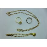 A 9ct gold bracelet, a 9ct necklace, a cut 9ct ring, and a 9ct ring, missing a pearl, total weight