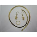 An 18ct band ring size M, an 18ct necklace, 45cm long and a pair of 18ct earrings, total weight