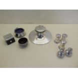 Three assorted silver cruet pieces and two peppers, marked WANG HING, a part trinket box, an Eastern