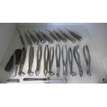 A collection of 20th century dental tools including extraction forceps, probes, mirror, makers