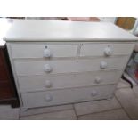 A 19th century pine chest of five drawers, painted in a chalked Farrow and Ball style - 112cm wide x