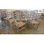 A set of ten shabby chic painted ladder back chairs including two carvers