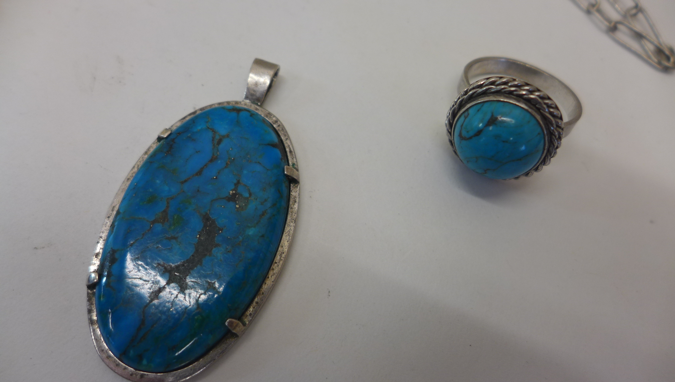 A turquoise ring and pendant and an amethyst pendant on chain, all test as silver - Image 2 of 4