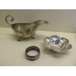 Three pieces of Chester silver, sauce boat 1901/1902 Maker JJ, a petal dish 1898 JD and CO, and a