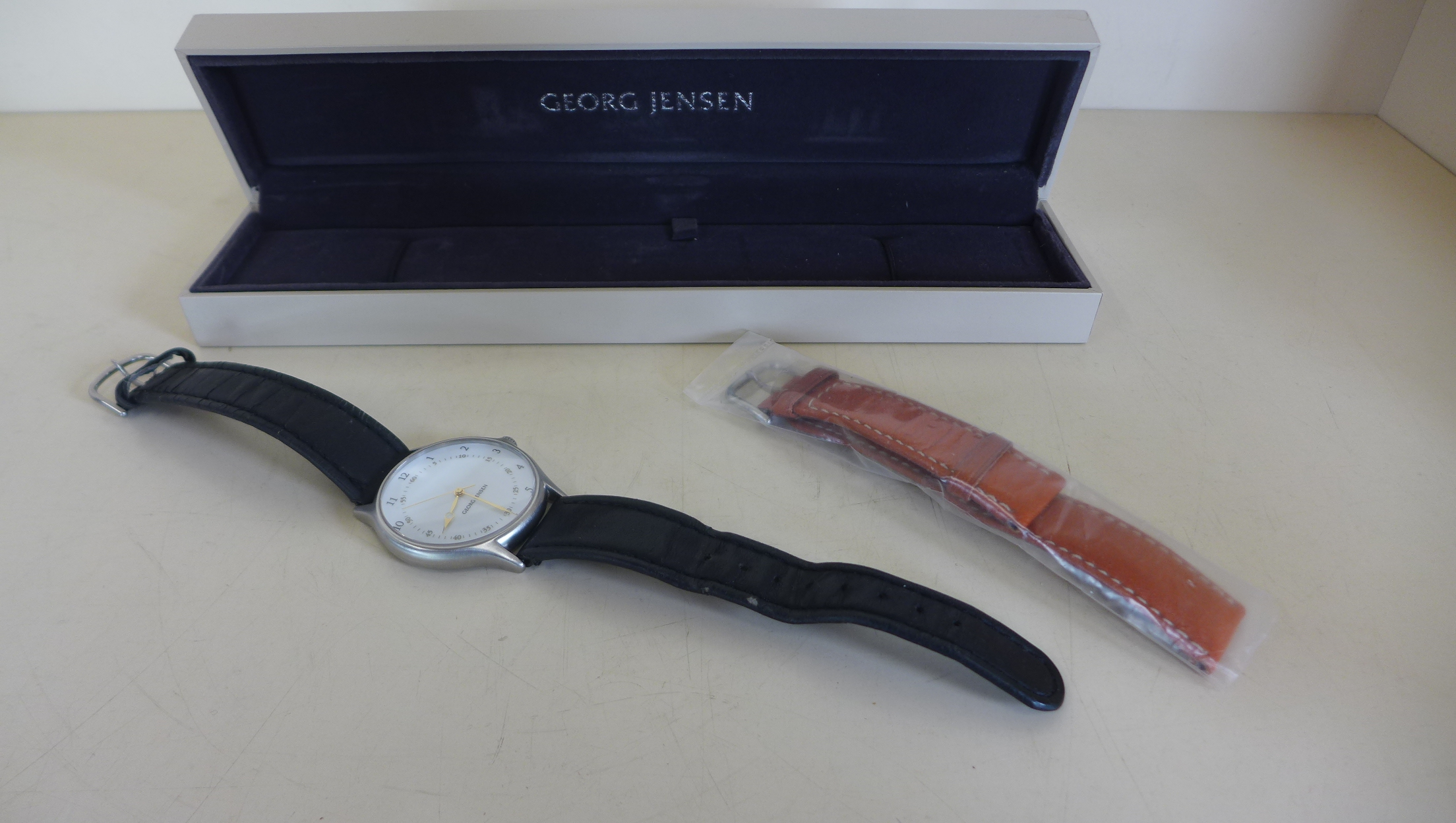 A Georg Jensen gents stainless steel quartz wristwatch, design 381 by Bo Bonfils, case with button