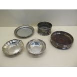 A silver rim coaster, Birmingham 1988, two silver dishes, Birmingham 1984 and London 1940 - a silver