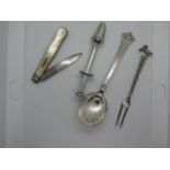 A small collection of silver to include continental pickle fork, Scandinavian spoon, silver plate
