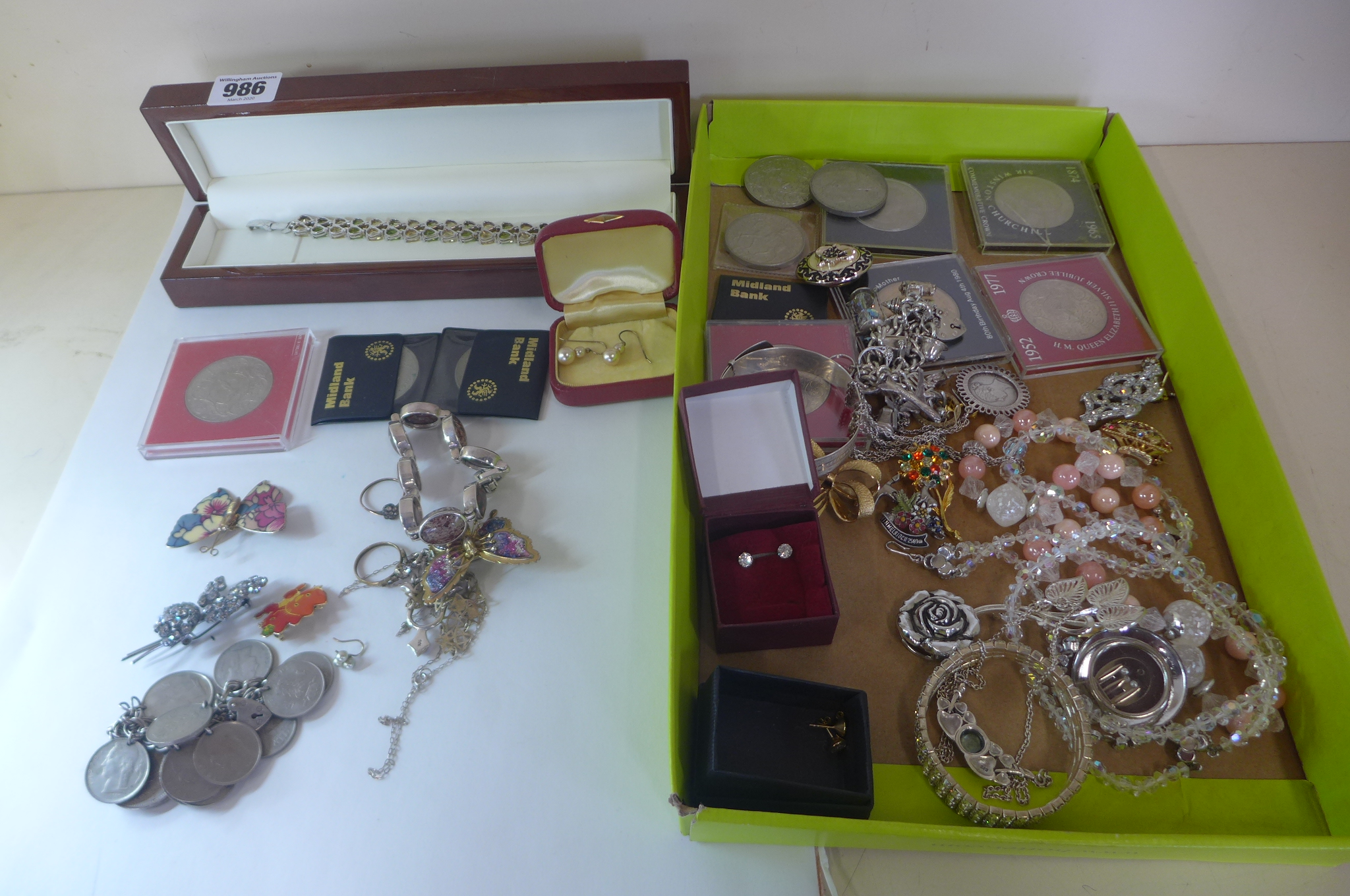 A collection of silver and costume jewellery and coinage