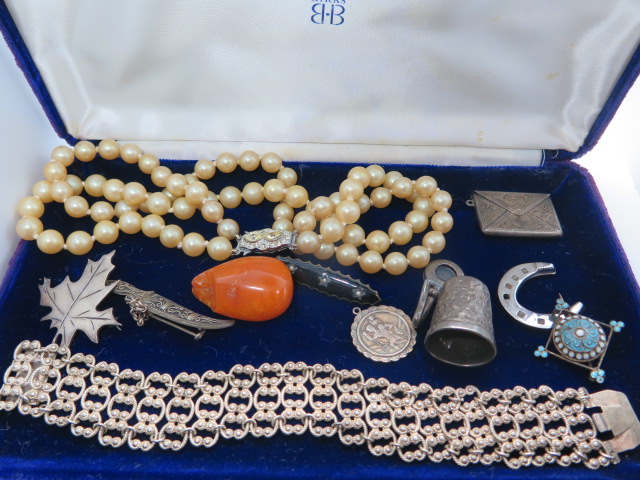 A collection of silver and costume jewellery, stamp case, thimble etc, silver bracelet, stamped
