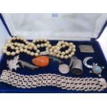 A collection of silver and costume jewellery, stamp case, thimble etc, silver bracelet, stamped