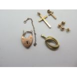 A collection of 9ct gold jewellery including crosses stud earrings etc, padlock clasp, weight approx