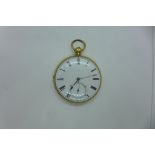 An 18ct yellow gold pocket watch by Adams of London, 48mm wide, not currently running, crack to