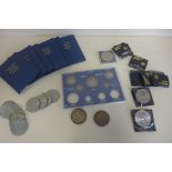A collection of decimal and pre-decimal coins, including a George V part set