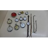 A collection of pocket watches and a stop watch, including Smiths, two Ingersol and Lucerne, all