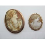 Two 9ct gold cameo brooches, both stamped 9ct to mounts, sizes 5.5 x 4.5cm and 4 x 3.2cm - total