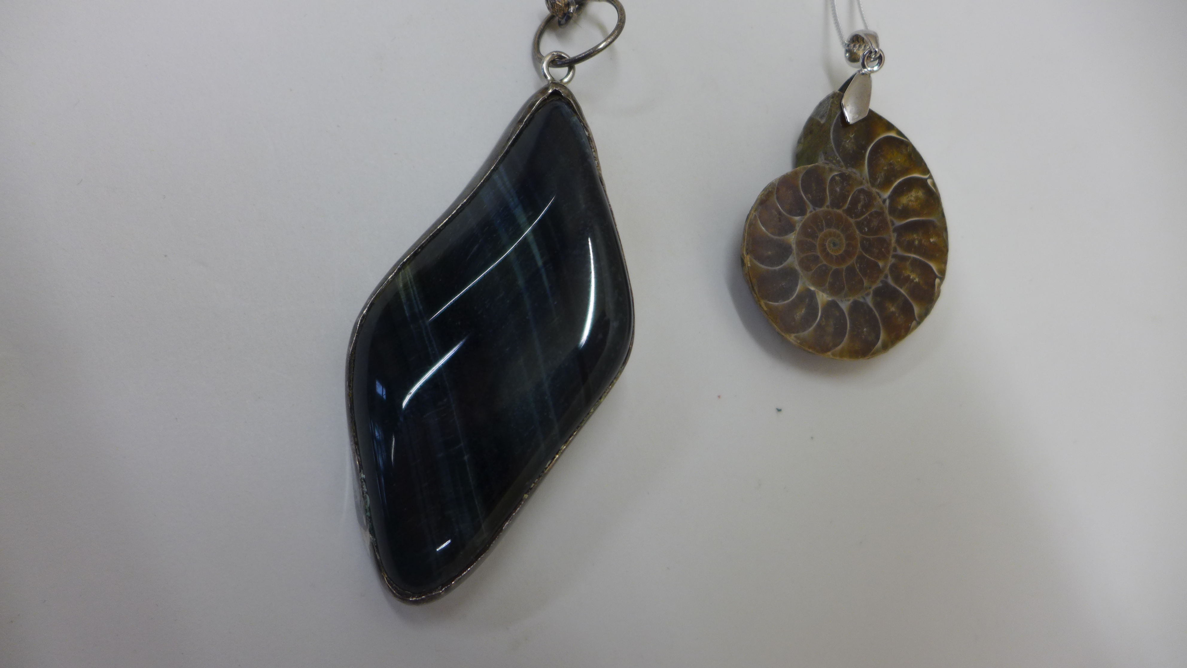 An amonite pendant on silver chain and a silver mounted labrodite pendant on silver chain - Image 2 of 3