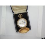 A gold plated full hunter Waltham pocket watch in case, clean condition and running in auction