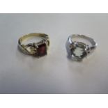 Two 9ct gold rings, one yellow gold with rectangular Mozambique garnet, size P with certificate