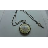 A silver cased fob/pocket watch on chain, the watch has a silvered engraved dial with gilt Roman