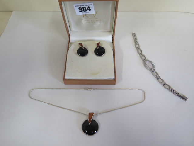 A silver amber and jet earring and necklace set and ladies Rotary watch, need a battery